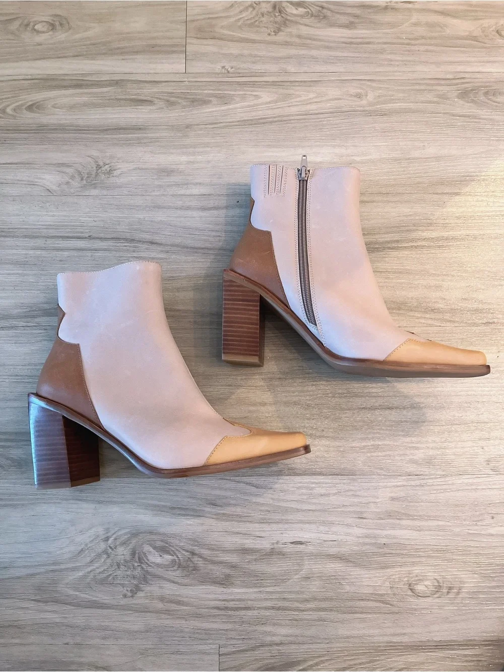 Jeffrey Campbell Snip Square Toe Two-Tone Beige & Tan Ankle Boots Booties Size 7